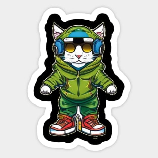 Paws & Playlists: Stylish Cat with Green Hoodie, Sunglasses, and Blue Headphones Sticker